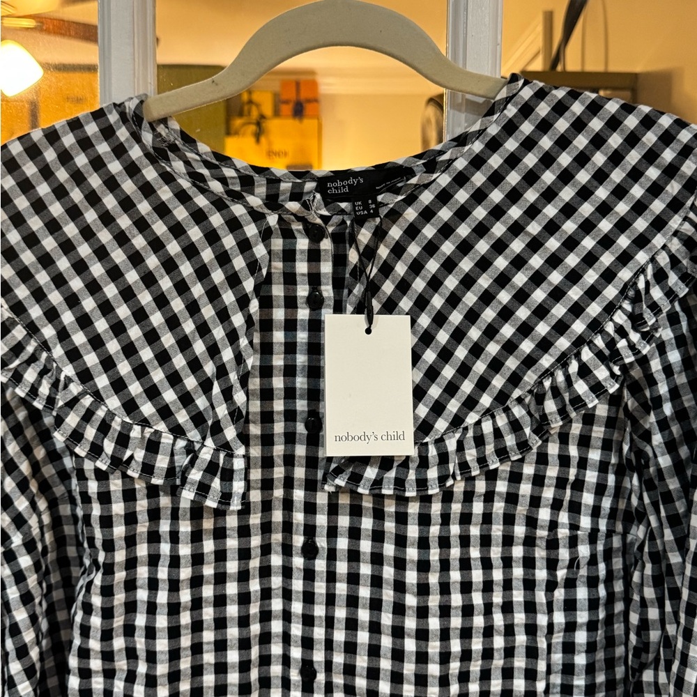 🖤🤍 Nobody's Child Black & White Gingham Ruffle Collar Button-Front Blouse - Picture 8 of 10